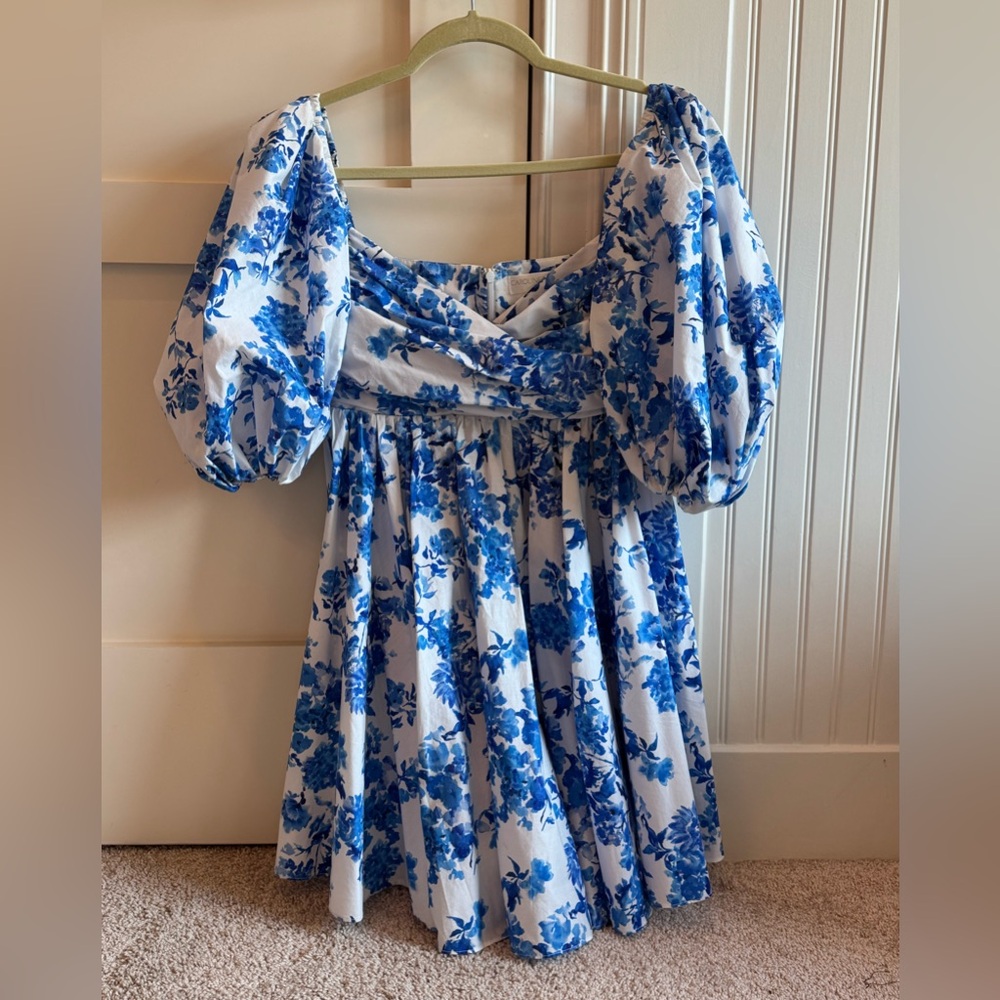 Caroline Constas Women’s Blue and White Floral Preppy Mini Dress